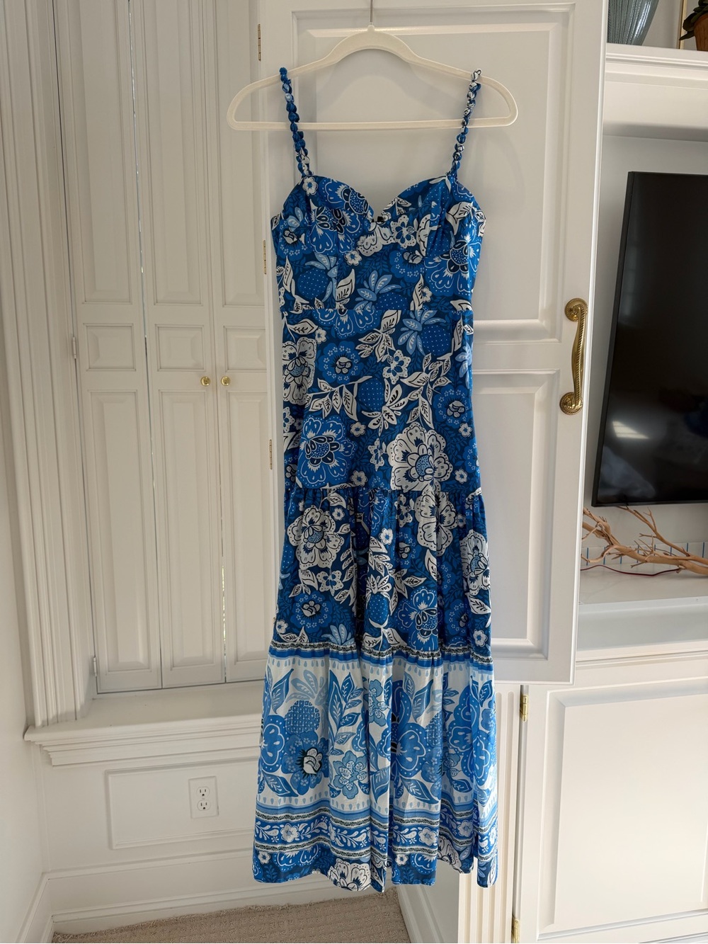 FARM RIO- Blue Floral Tiered Sundress with Spaghetti Straps